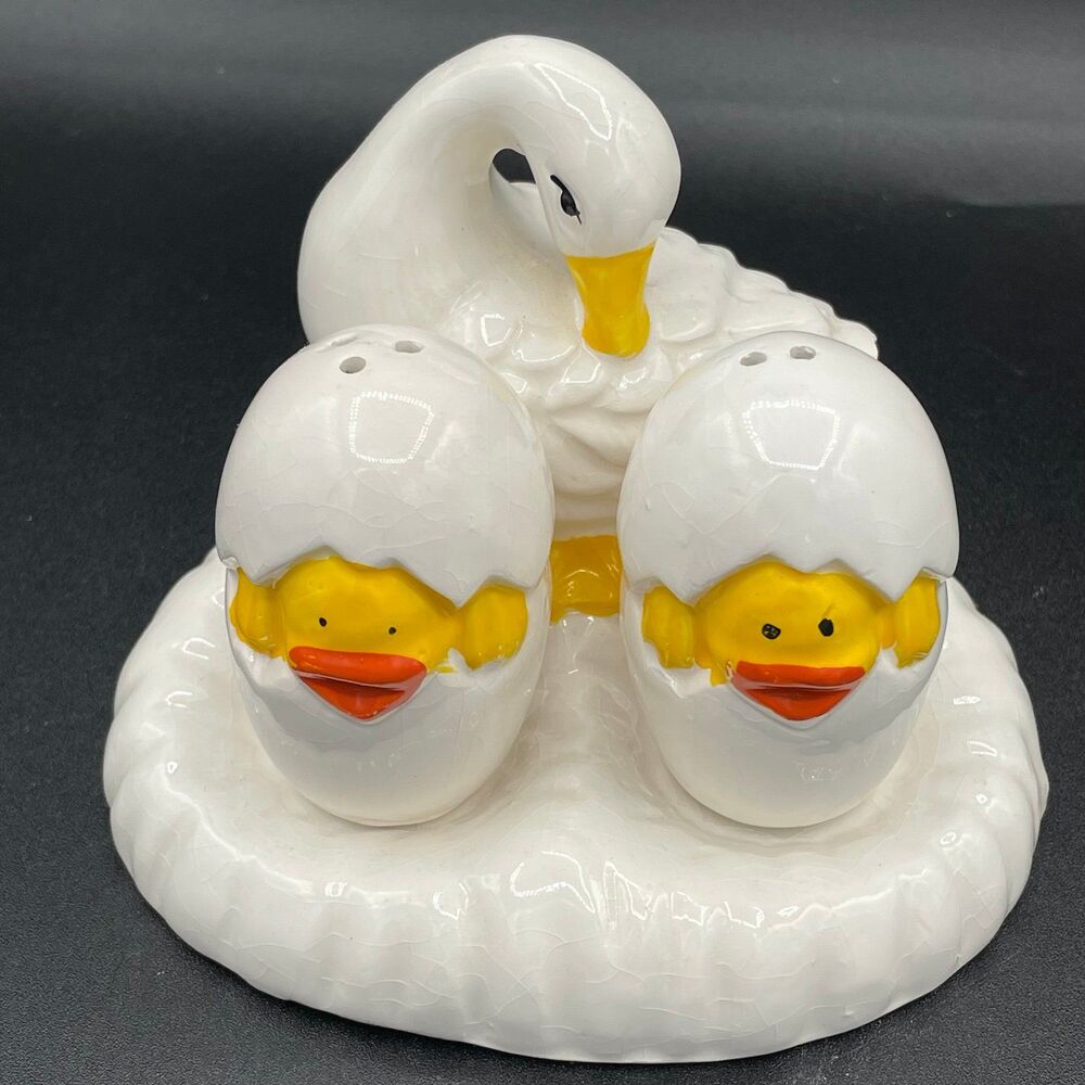 Vintage Baby Chicks Hatching Salt & Pepper Shakers Set w/ Mama Goose and Holder